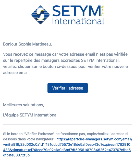 Email de vérification SETYM International